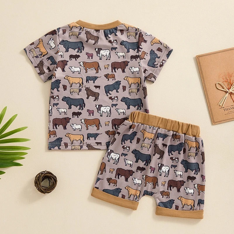 Boys Fashion Cow Print Short Sleeve Suit