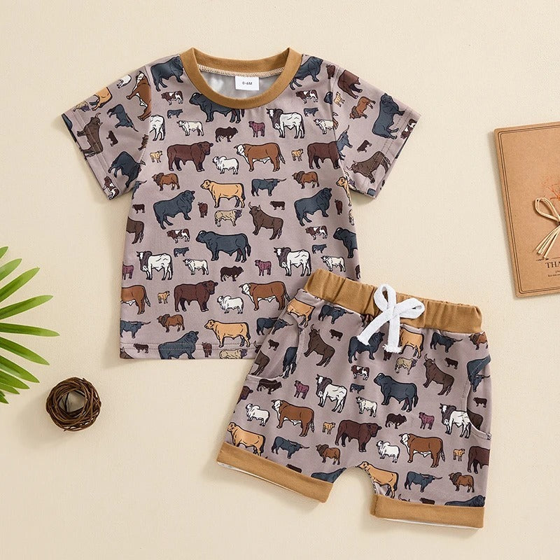 Boys Fashion Cow Print Short Sleeve Suit