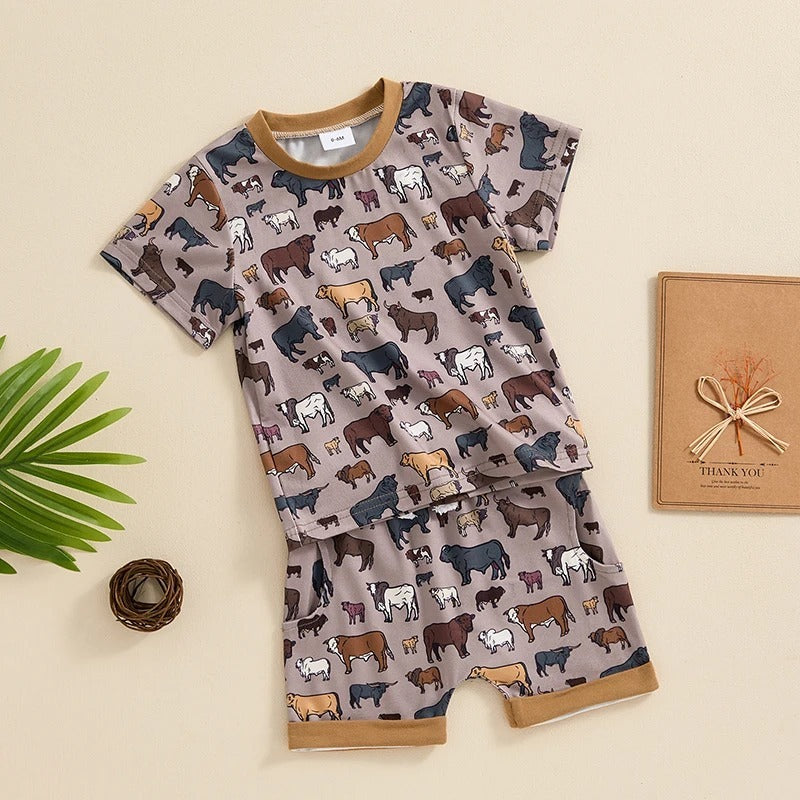 Boys Fashion Cow Print Short Sleeve Suit