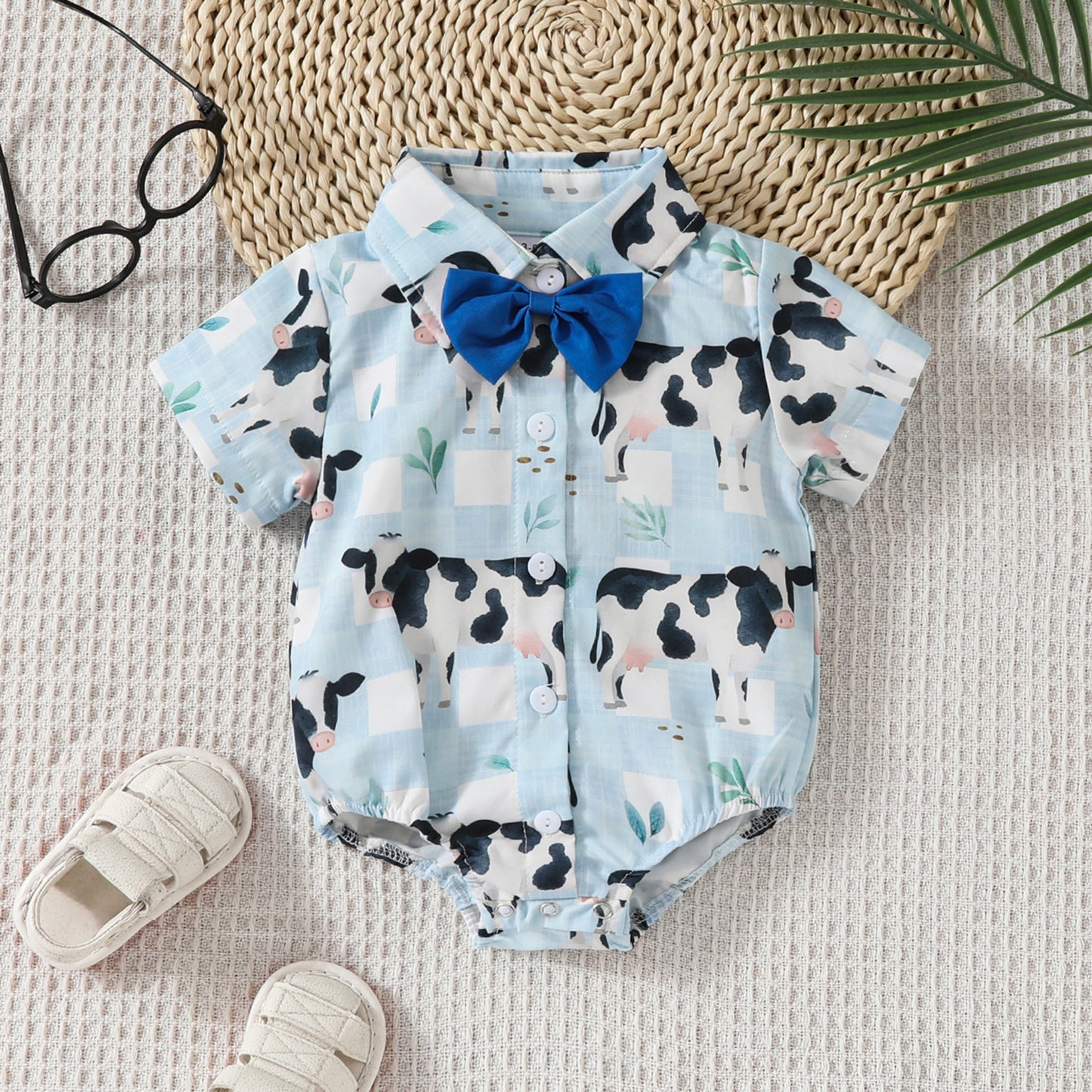 Printed Short Sleeve Lapel Bow Shirt Jumpsuit