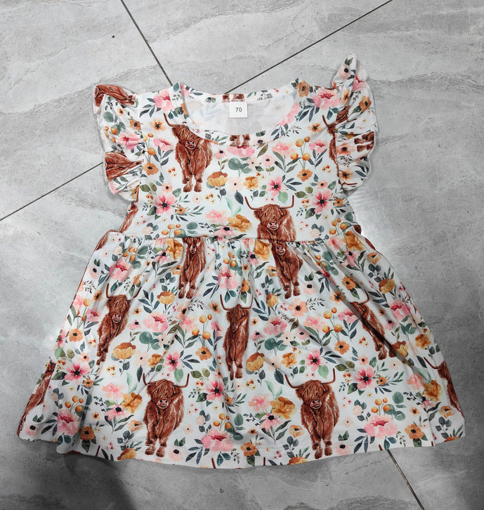 New Arrival Girls Cow Flower Flying Sleeve Skirt