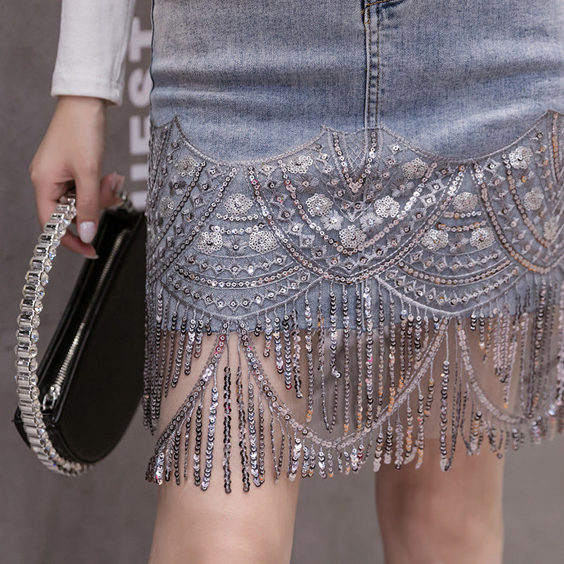 Sequin embroidery stitching denim skirt