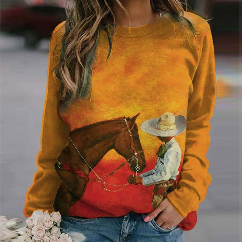 Pullover sweater urban casual trend round neck print horse