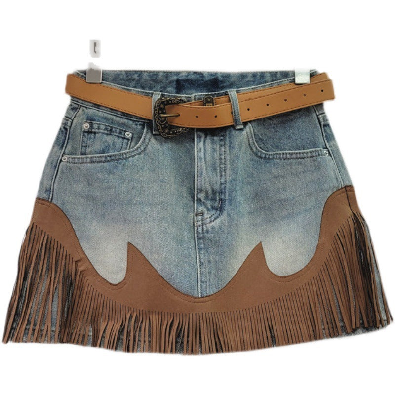 Retro Blue Tassel Denim Skirt