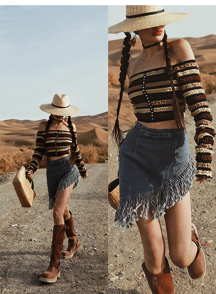 Women's Retro Irregular Tassel Denim Skirt