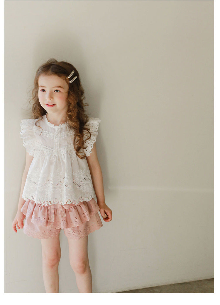 Girls Sleeveless Hollow Out Flounced Sleeve Strawberry Shan Top T-shirt