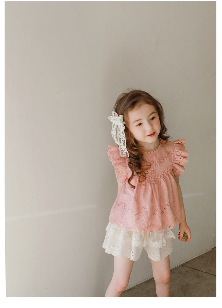 Girls Sleeveless Hollow Out Flounced Sleeve Strawberry Shan Top T-shirt