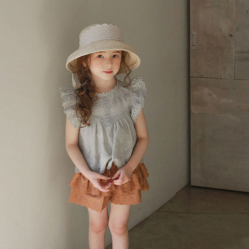 Girls Sleeveless Hollow Out Flounced Sleeve Strawberry Shan Top T-shirt