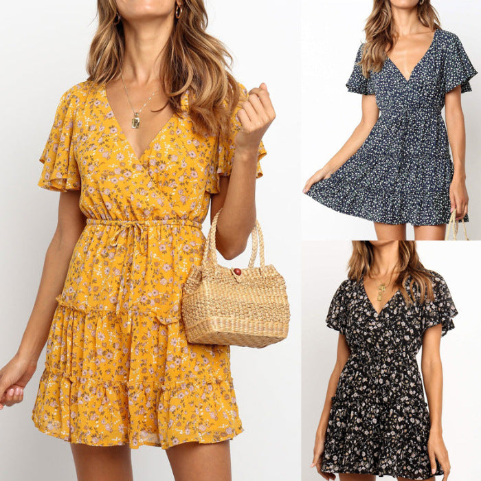 Summer Floral V-neck High Waist Lace-up Short Sleeve Ruffled Chiffon Dress