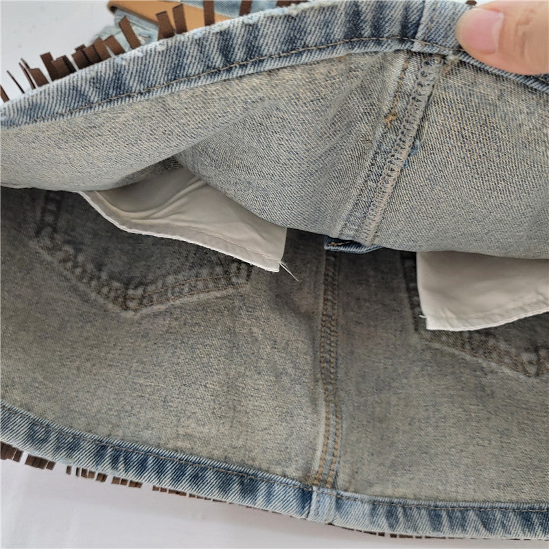 Retro Blue Tassel Denim Skirt
