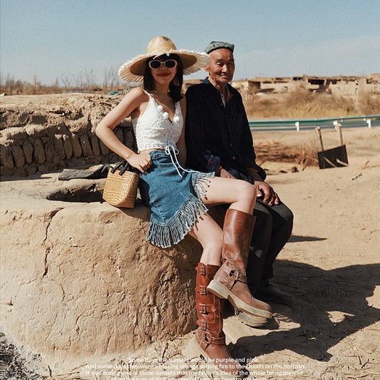 Women's Retro Irregular Tassel Denim Skirt