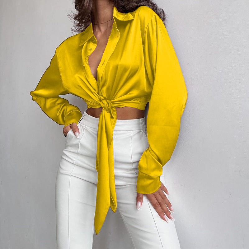Long Sleeve Midriff-baring Shirt Women's Cropped Top
