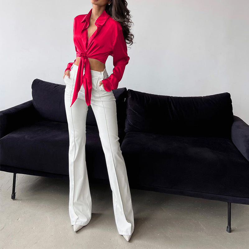 Long Sleeve Midriff-baring Shirt Women's Cropped Top