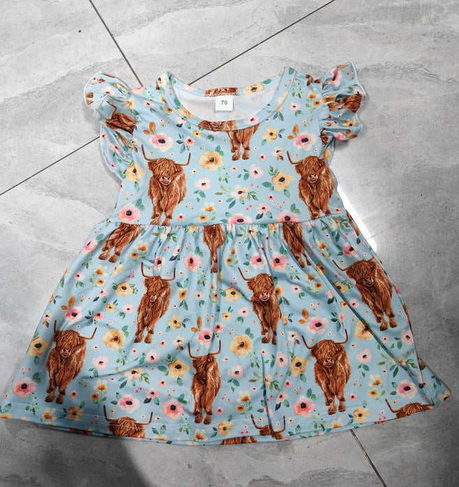 New Arrival Girls Cow Flower Flying Sleeve Skirt
