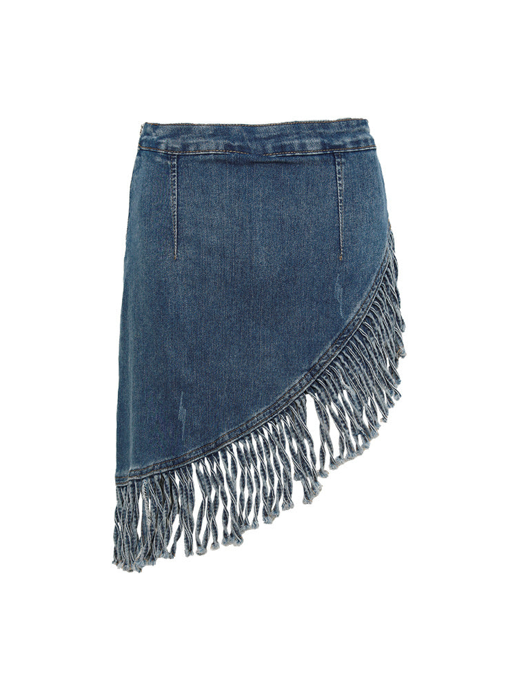 Women's Retro Irregular Tassel Denim Skirt