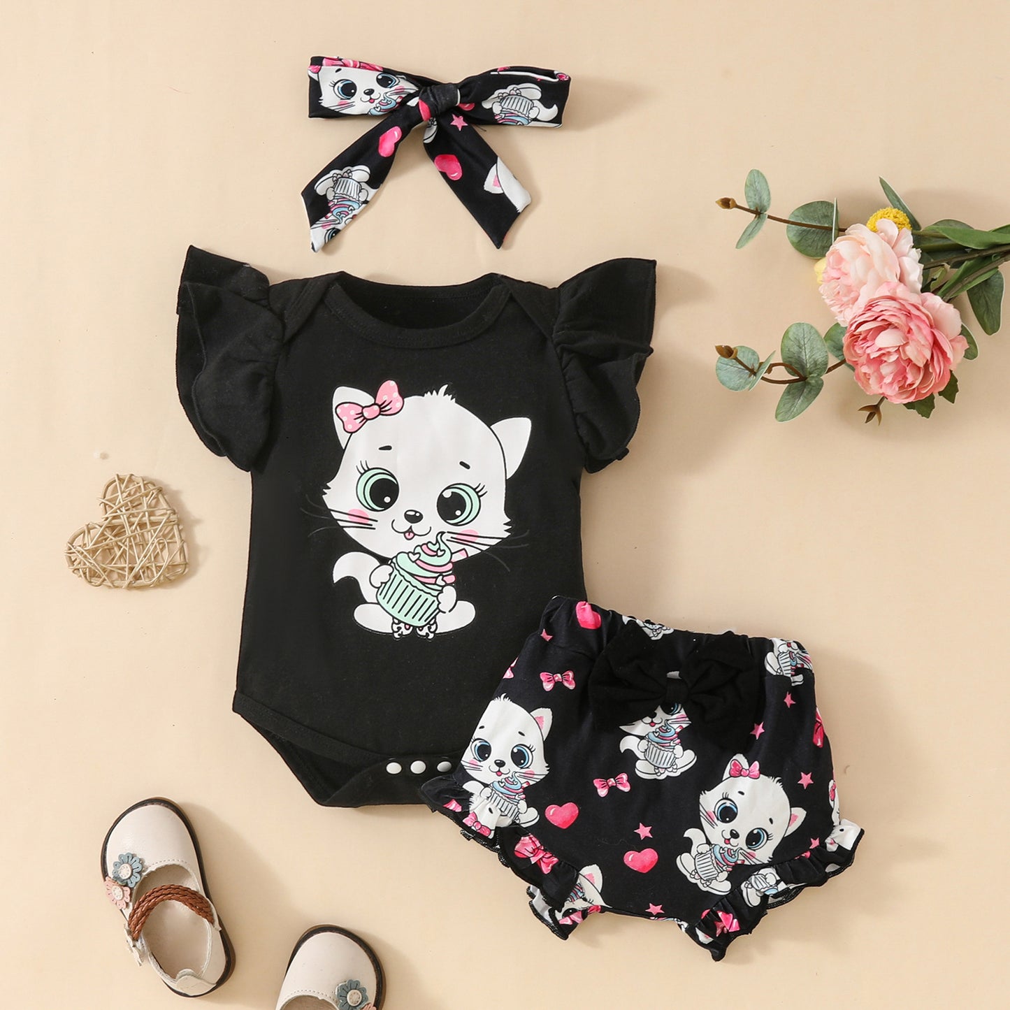 Baby Girl Sleeveless Cat With Shirt Suit