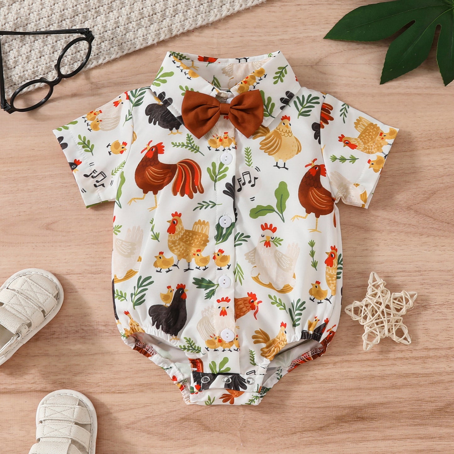 Printed Short Sleeve Lapel Bow Shirt Jumpsuit