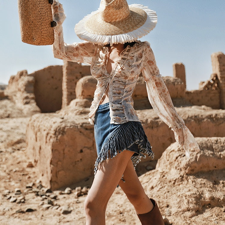 Women's Retro Irregular Tassel Denim Skirt