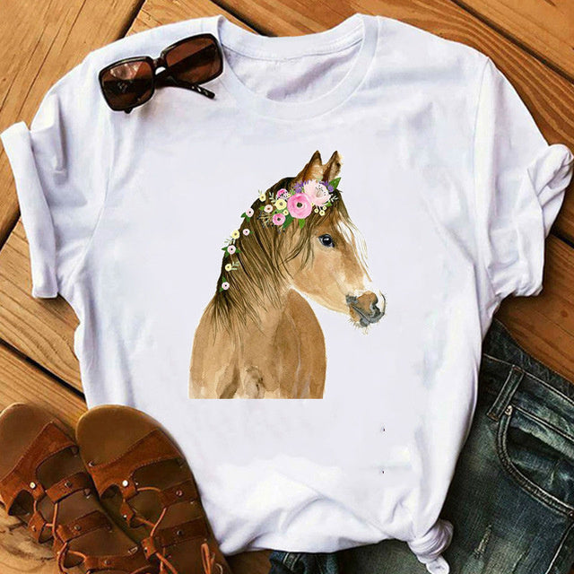 Women's Clothing With Flowers Printed Horse European And American Short Sleeve T-shirt Top