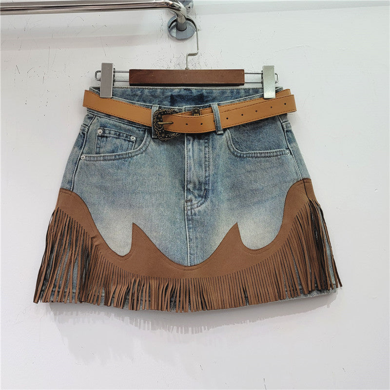 Retro Blue Tassel Denim Skirt