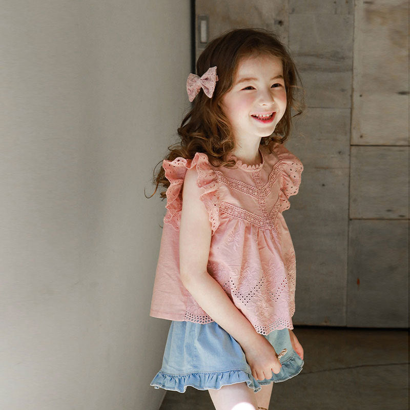 Girls Sleeveless Hollow Out Flounced Sleeve Strawberry Shan Top T-shirt