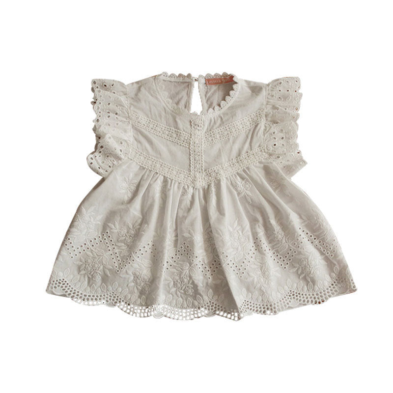 Girls Sleeveless Hollow Out Flounced Sleeve Strawberry Shan Top T-shirt