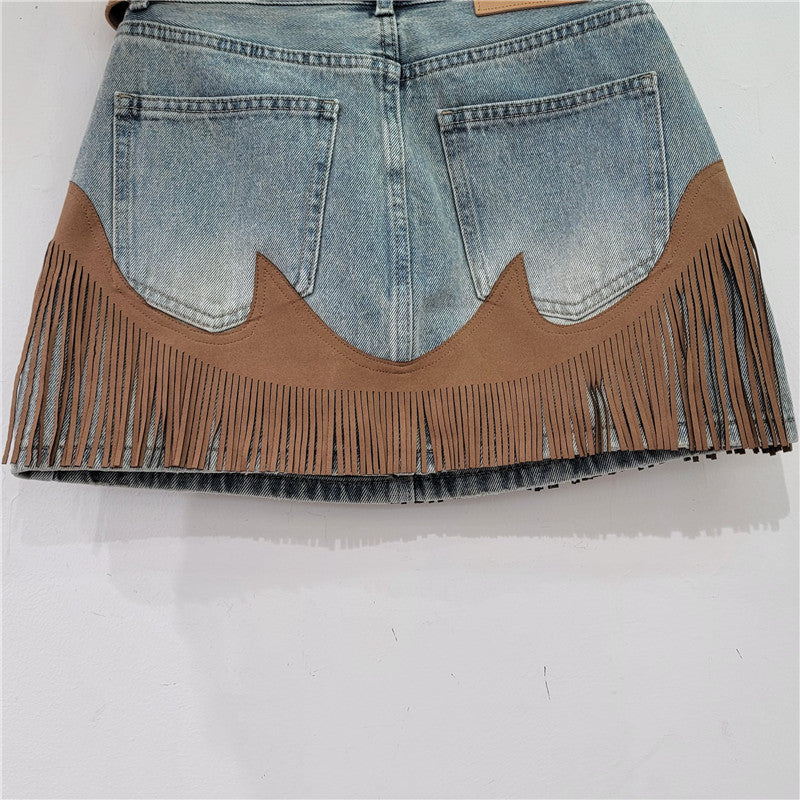 Retro Blue Tassel Denim Skirt
