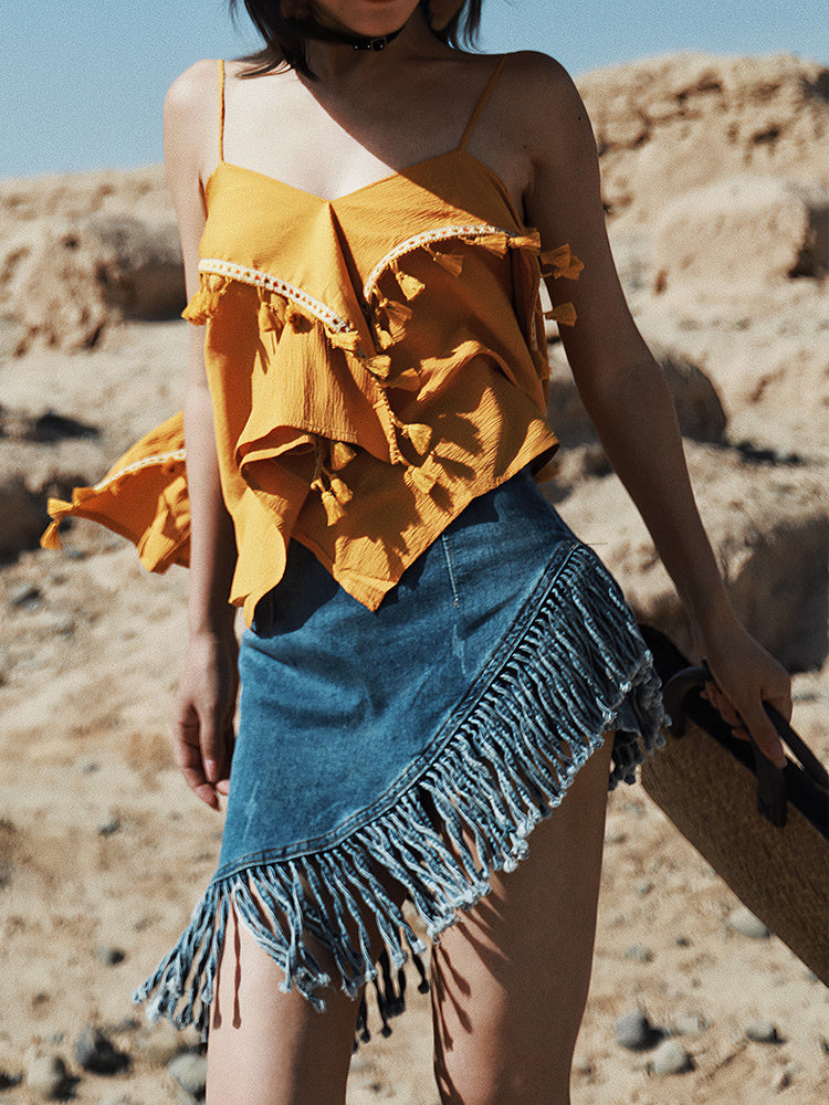 Women's Retro Irregular Tassel Denim Skirt