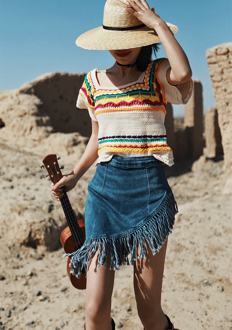 Women's Retro Irregular Tassel Denim Skirt