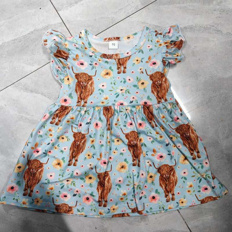New Arrival Girls Cow Flower Flying Sleeve Skirt